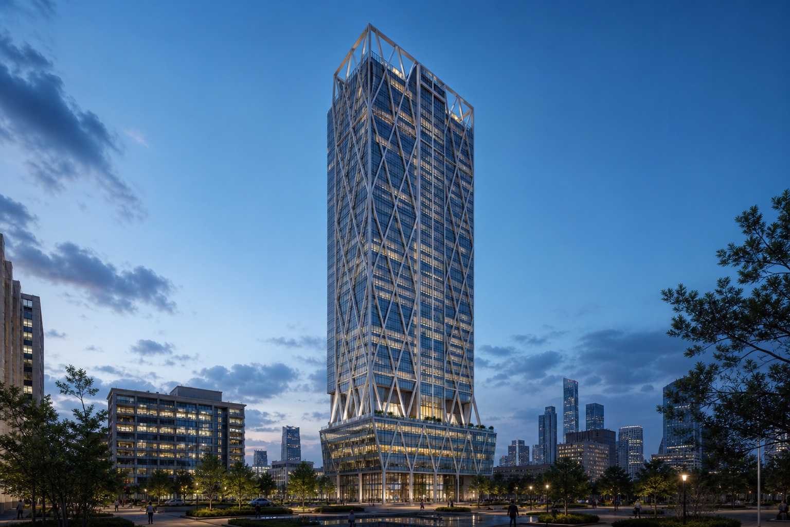 Illustrative visualization of a high-rise tower with an external structural diagrid