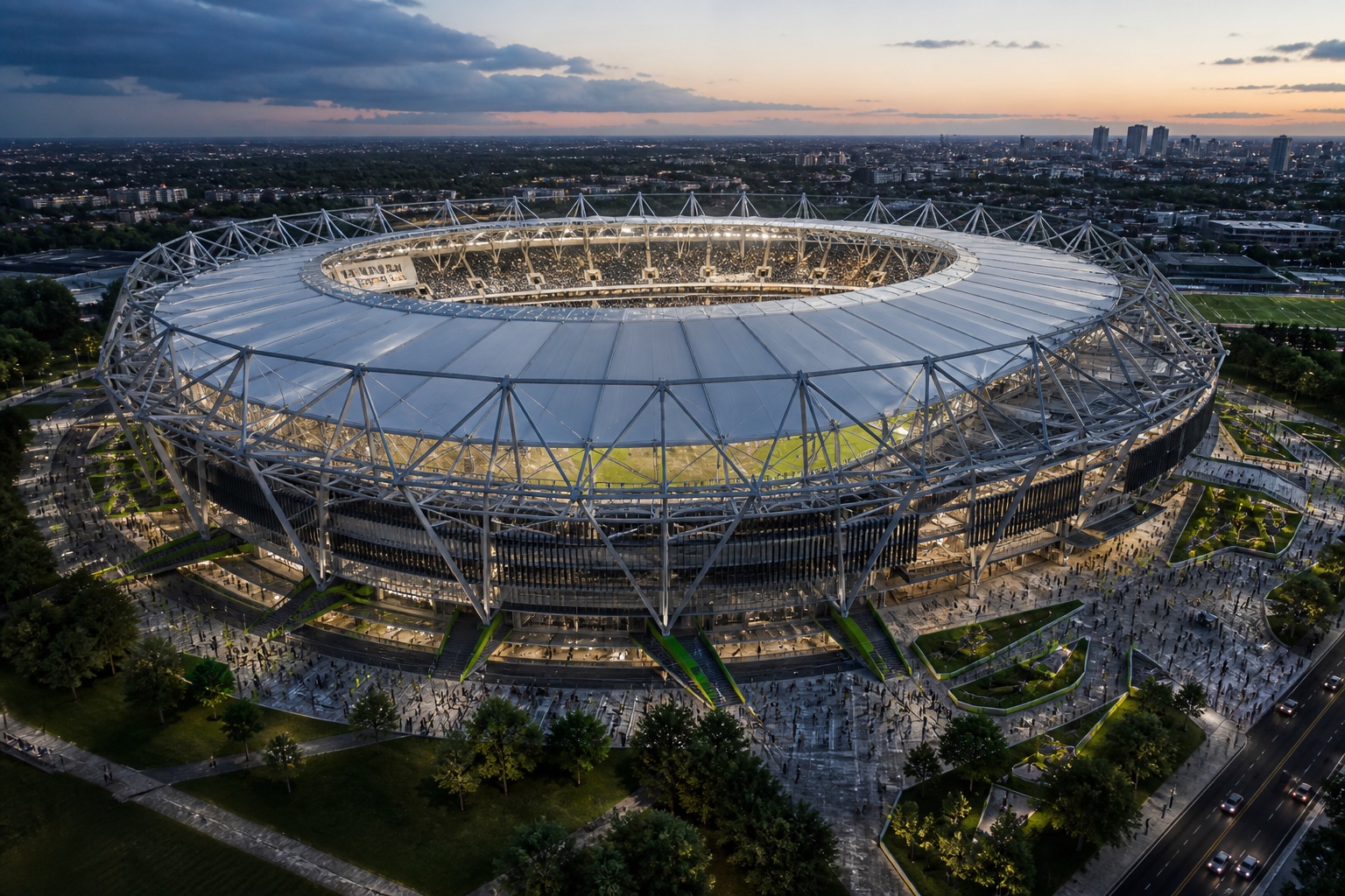 Illustrative visualization of a modern stadium with a long-span roof structure