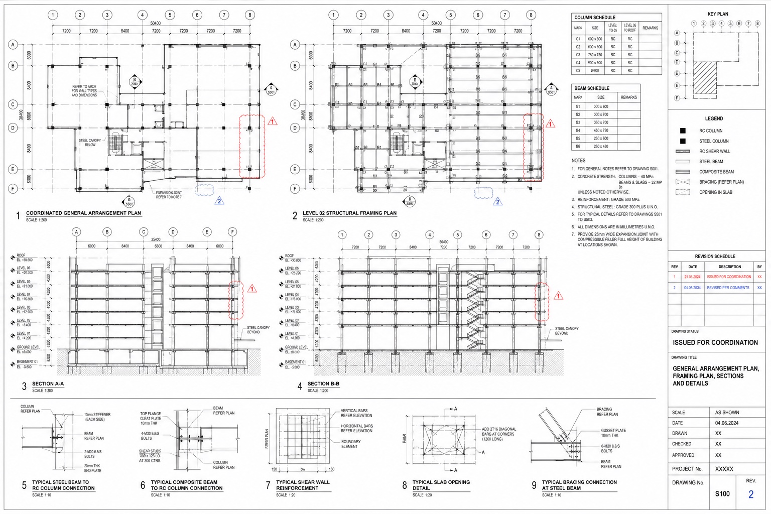 Illustrative professional structural general arrangement, framing plans, sections and connection details